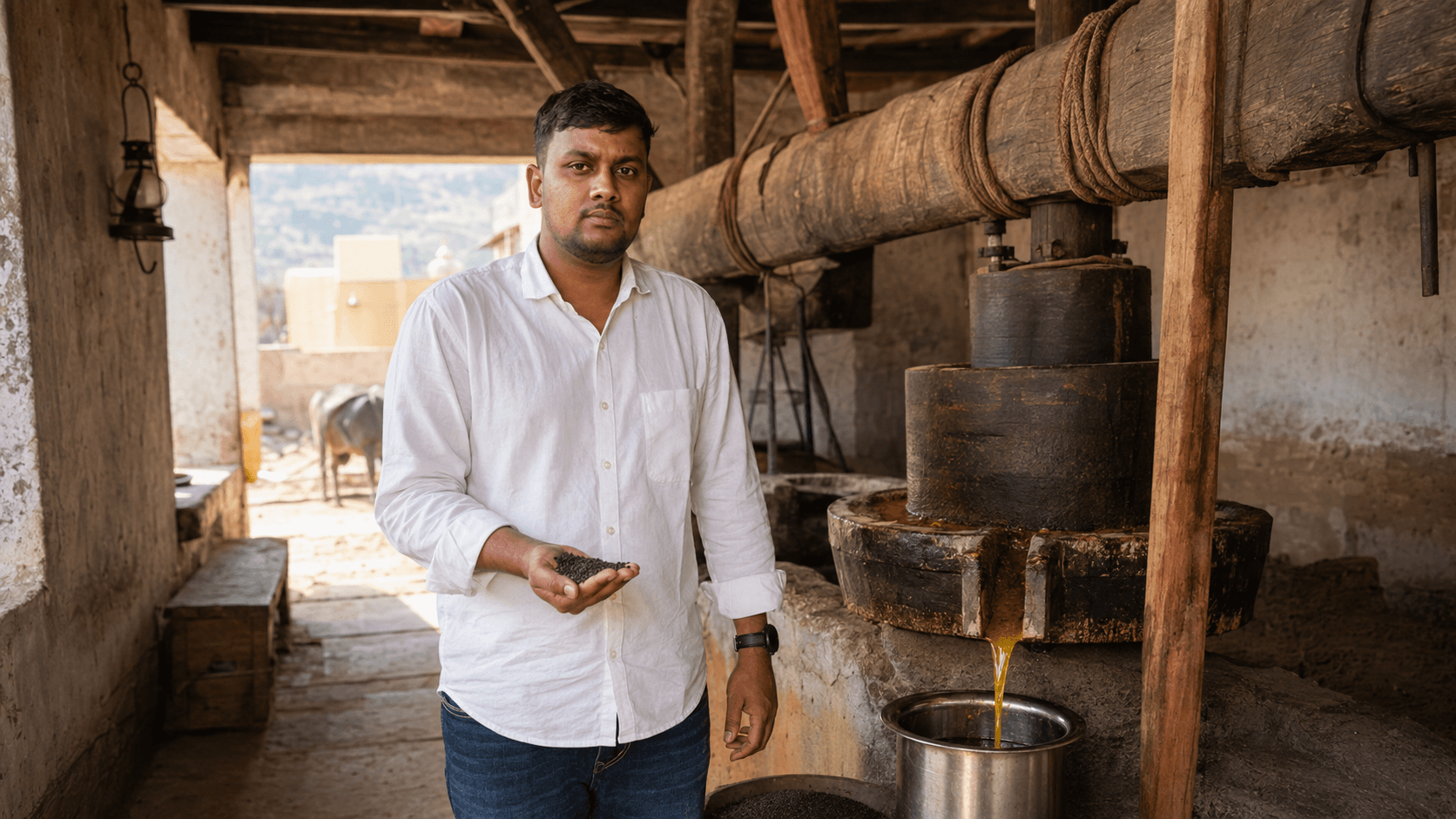Organic Jaipur founder pressing mustard seeds in a traditional wooden ghani