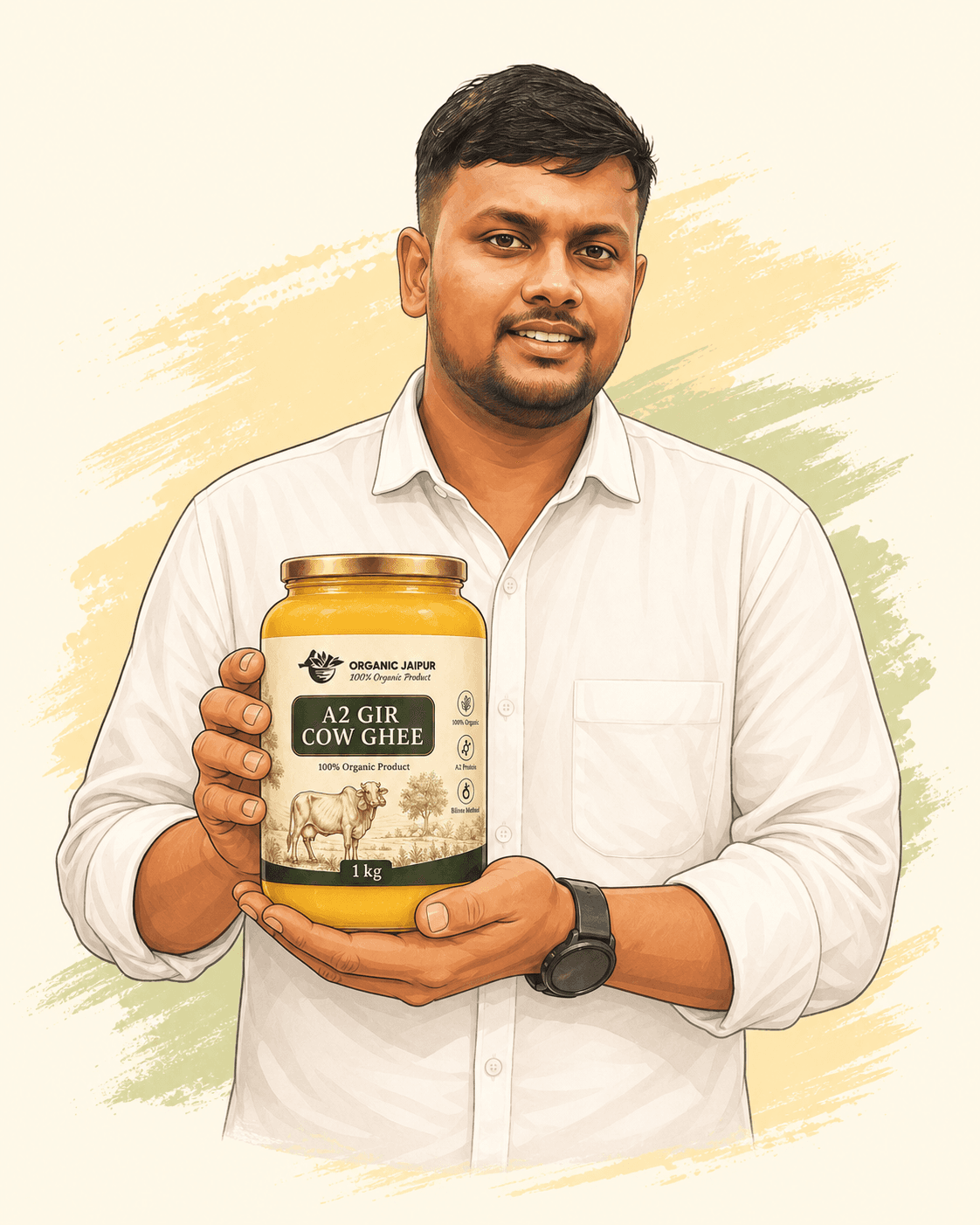 Organic Jaipur founder holding A2 Gir Cow Ghee