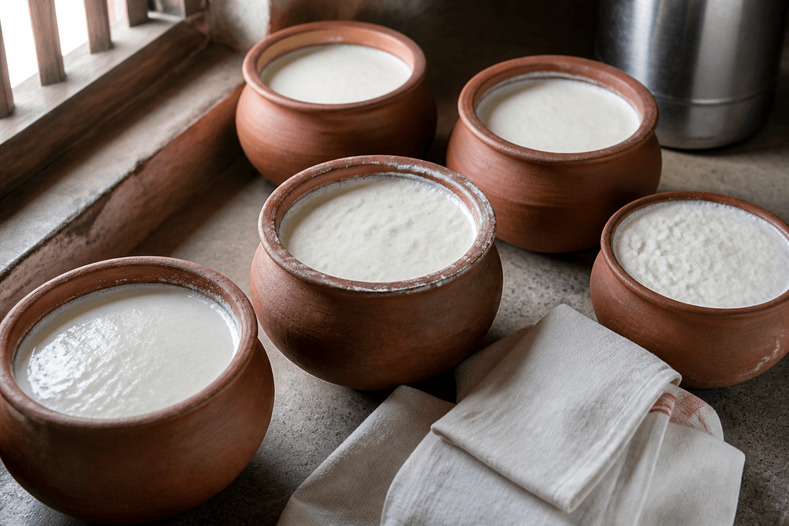 Fresh A2 milk set into curd overnight in earthen pots