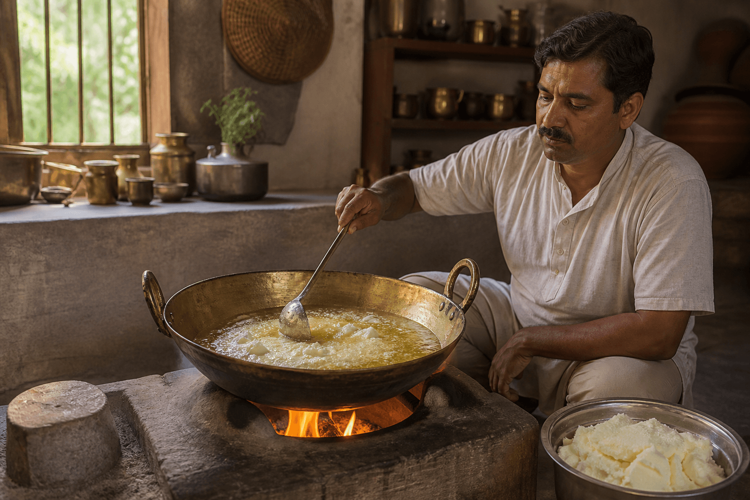 Butter slowly simmering into golden ghee in a brass kadai